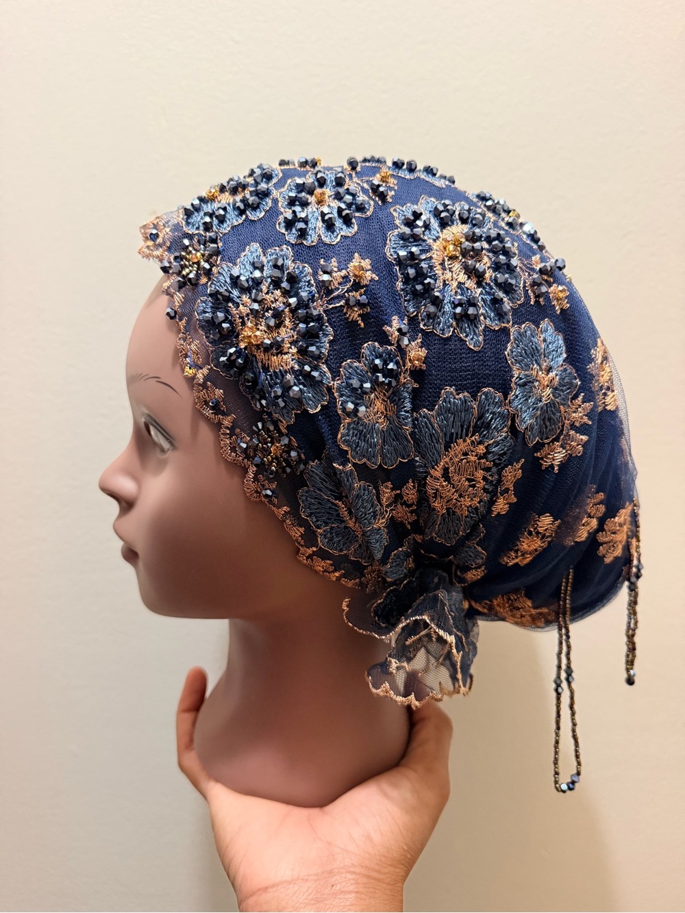 Embroidered Floral Beaded Headscarf in Navy and Gold